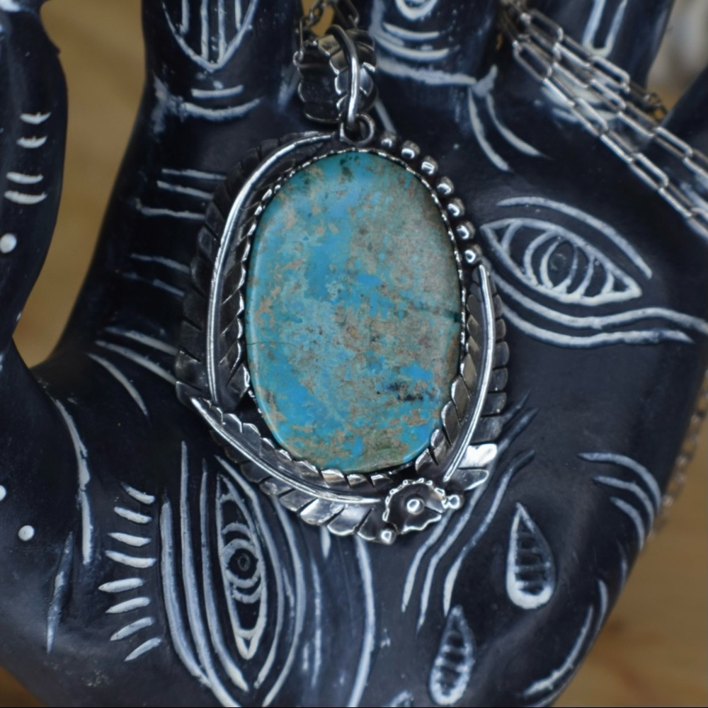 Boho South Western Fern Leaf Sterling Silver & Turquoise Large Pendant 🌿 - Picture 4 of 13